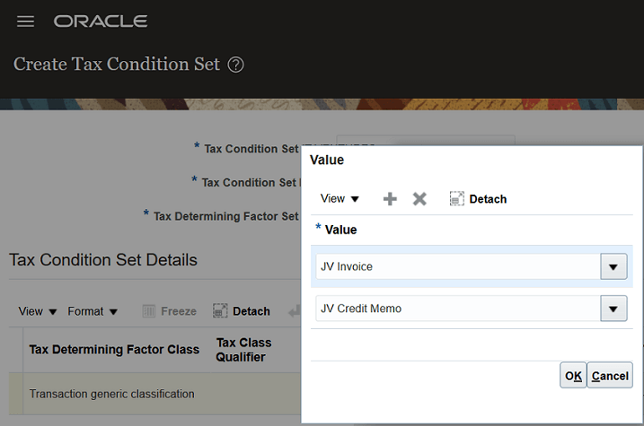 This image shows the Value dialog box opened on the Create Tax Condition Set page. The details of the values entered in the fields are described in the surrounding text.
