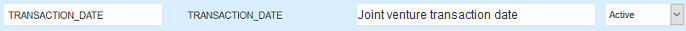 This image shows one record with the following values in separate columns from left to right: TRANSACTION_DATE, TRANSACTION_DATE, Joint venture transaction date, Active.