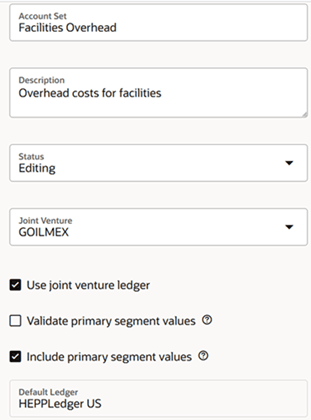 This image shows an example of the Edit Account Set page completed as described in the surrounding text.