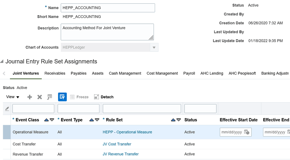 This image shows an example of an account method named HEPP_Accounting with the HEPP - Operational Measure journal entry rule set assigned to the Operational Measure event class. The details of the image are described in surrounding text.