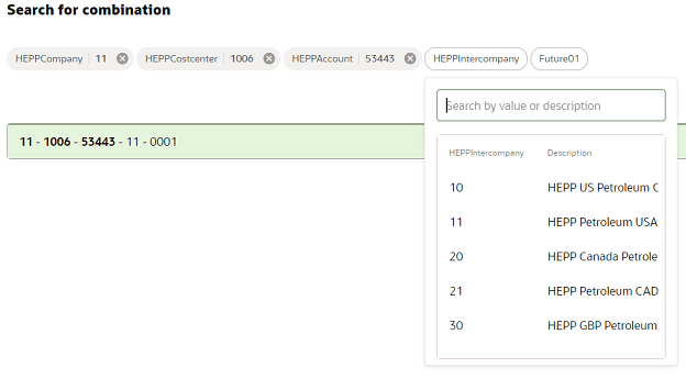 This image shows the "Search for combination" area which displays the available segments and the drop-down list that enables you identify each segment value that makes up the account ID, which in this example is 11-1006-53443-11-0001.