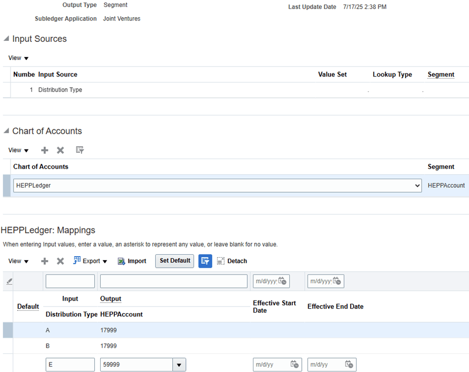 This image shows an example of a mapping set for overriding the account from subledger accounting, general ledger, and manual transactions. The details in the screenshot are described in surrounding text.