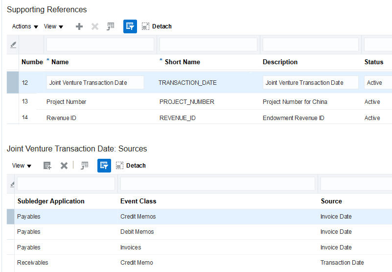 This image shows the Manage Supporting Reference section, which has to tabs: Without Balances and With Balances. The Without Balances tab is selected and contains a Supporting References section, with the focus on the highlighted row for the TRANSACTION_DATE supporting reference. The section below is related to the selected TRANSACTION_DATE row with TRANSACTION_DATE:Sources as the title of the section. The focus of this section is to show two records that show the sources for the selected supporting reference. The table has three columns: Subledger Application, Event Class, and Source. The rows contain the following data respective of these columns: Payables, Credit Memos, Invoice Date; Payables, Debit Memos, Invoice Date, Payables; Invoices, Invoice Date; Receivables, Credit Memo, Transaction Date.