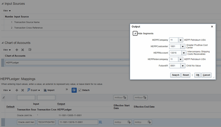 This image shows a mapping set and Output dialog box for selecting each segment that makes up a receivable account.