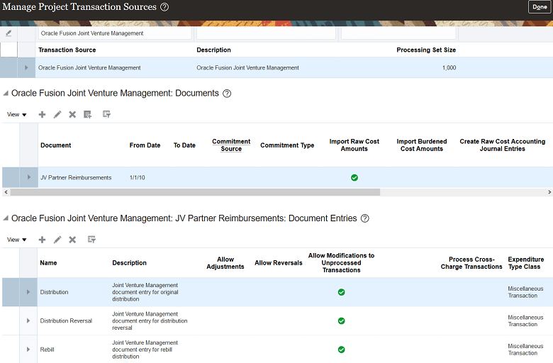 This image shows the completed Manage Project Transaction Sources page, the details of which are described in surrounding text.