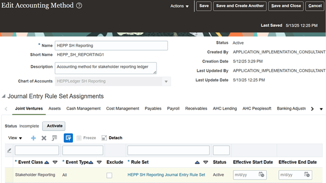 This image shows an example of an accounting method named HEPP SH Reporting in the Accounting Method application, the details of which are described in surrounding text.