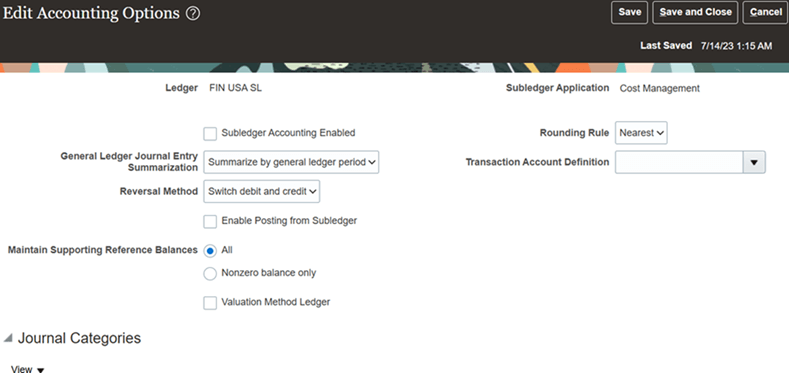 This image shows the Edit Accounting Options application with the settings enabled for the Cost Management subledger application. The pertinent settings depicted in the image are described in surrounding text.