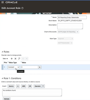 This image shows an account rule named SH Reporting Empty Stakeholder in the Edit Account Rule application, the details of which are described in surrounding text.