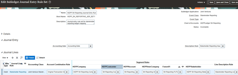 This image shows an example of a copy of the predefined journal entry rule set named HEPP Stakeholder Reporting Books, the details of which are described in surrounding text.