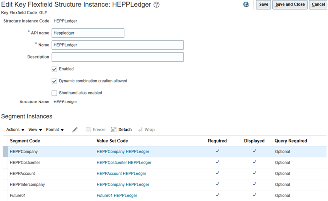 This image shows a COA structure named HEPPLedger in the Edit Key Flexfield Structure Instance page as described in the surrounding text.
