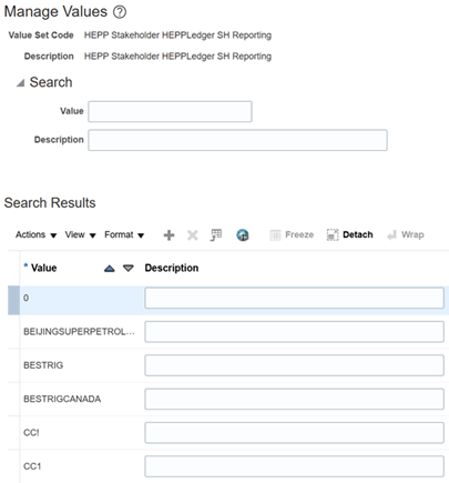 This image shows the Manage Values page with an example of a list of values for a value set, as described in the surrounding text.