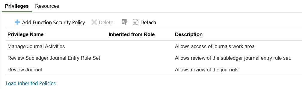 This image shows the Add Function Security Policy page with these policies added to a role: Manage Journal Activities, Review Subledger Journal Entry Rule Set, and Review Journal.