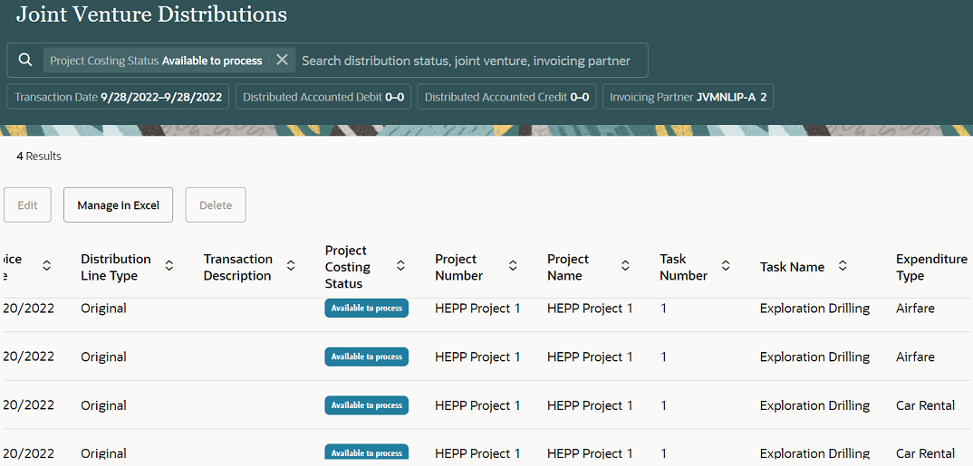 This image shows the Joint Venture Distributions page with four records in the Available to process status.