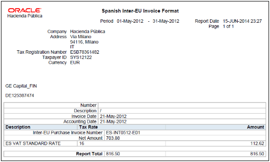 VAT Inter-EU Invoice Format for Spain