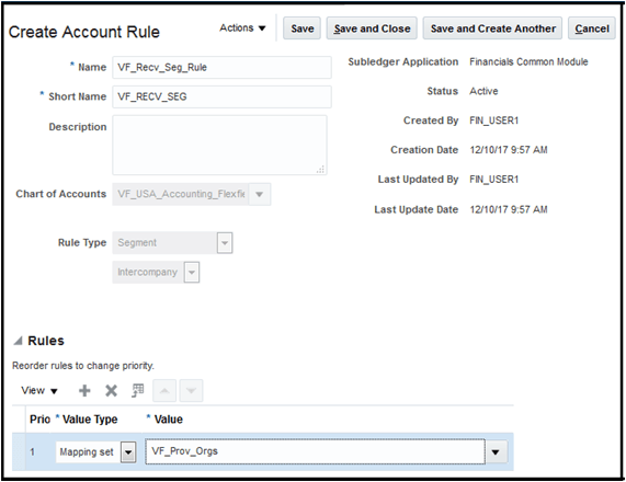 The image illustrates how to create an accounting rule for the intercompany segment for the receiver.