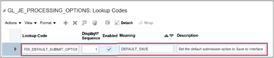 An image of the FDI_DEFAULT_SUBMIT_OPTION lookup code for the GL_JE_PROCESSING_OPTIONS lookup type.