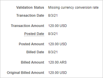 The image shows the Review Corporate Card Transactions page displaying a transaction when the conversion rates aren't available.