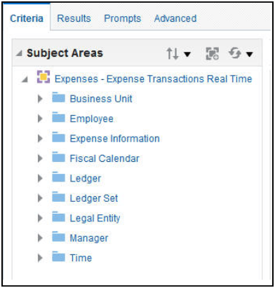 This figure shows the structure of the subject area, Expenses - Expense Transactions Real Time, and its folders.