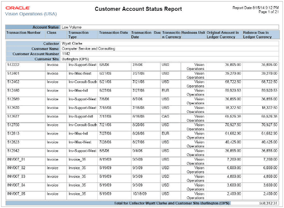 This image shows output from the Customer Account Status Report.
