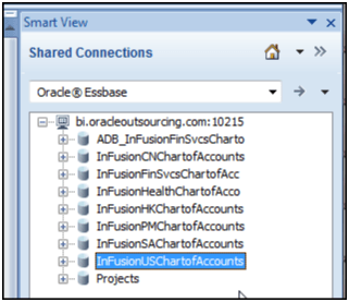 This figure shows the Smart View panel and the expanded Oracle Essbase server.
