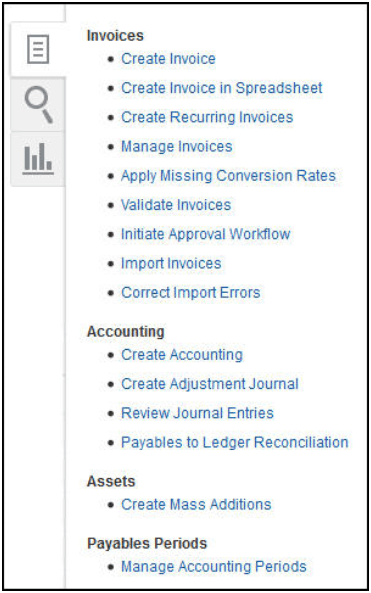 The screenshot shows the tasks in the Invoices work area accessed by the Tasks icon. These tasks are categorized by invoices, accounting, assets, and Payables periods.