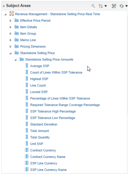This figure shows a screenshot of the Revenue Management - Standalone Selling Price Real Time subject area.