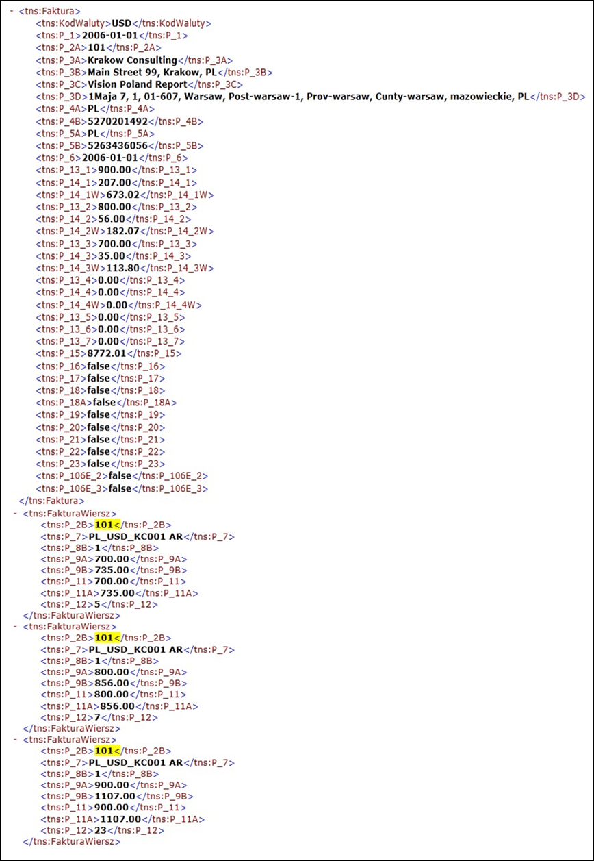 This image shows an example of detailed transaction Header and Lines information in JPK extracts.