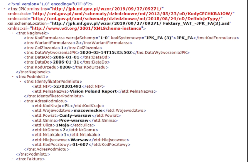 This image shows an example of Header and legal entity information in HJPK extracts.
