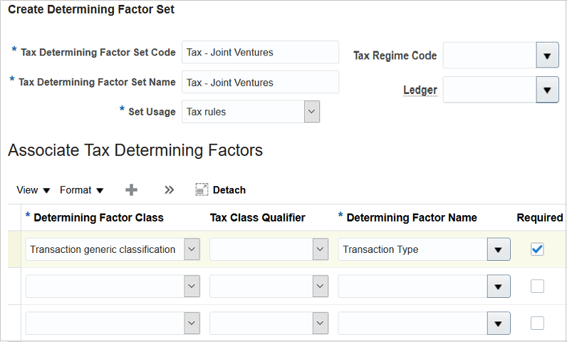 This image shows the Create Determining Factor Set page with the required information entered to create a determining factor set, the details of which are described in the surrounding text.