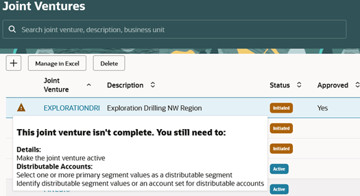 This image shows the results of clicking the alert icon next to a joint venture, which displays the list of items that must be completed before the joint venture can be made active.
