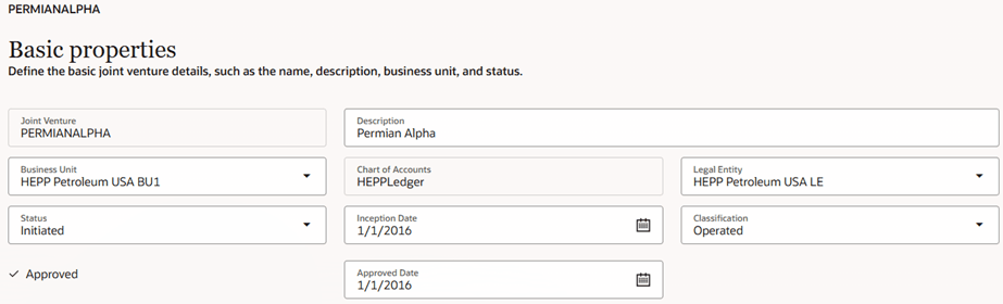 This image shows an example of a completed Basic properties page of a joint venture definition, with the pertinent values described in the surrounding text.