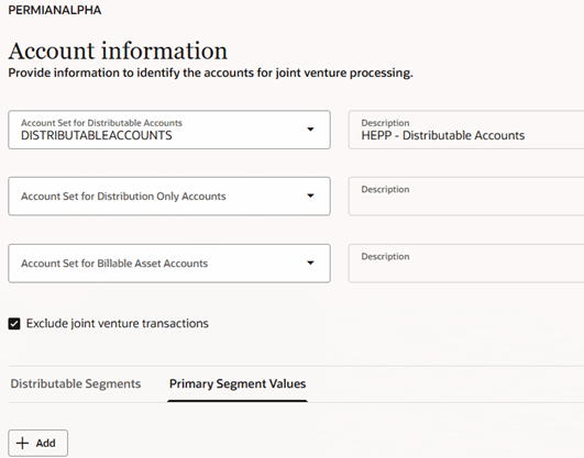 This image shows an example of a completed Account information page of a joint venture definition, with the pertinent values described in the surrounding text.