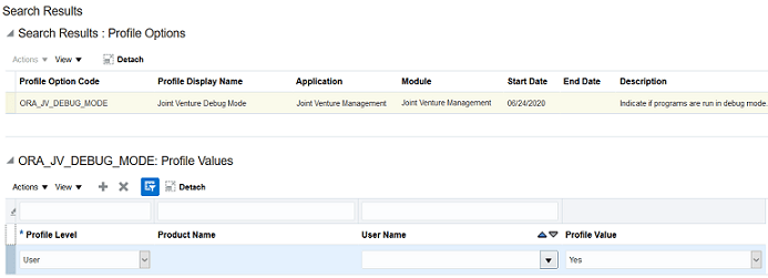 This image shows two sections in the search results: Search Results Profile Options; and ORA_JV_DEBUG_MODE Profile Values. There is one record in the Search Results Profile Options section, which has a table with the following columns: Profile Option Code, Profile Display Name, Application, Module, Start Date, End Date, Description. The values in the row respective to these columns are: ORA_JV_DEBUG_MODE, Joint Venture Debug Mode, Joint Venture Management, Joint Venture Management, 06/24/2020, blank, Indicate if programs are run in debug mode. The second section has a table with these columns: Profile Level, Product Name, User Name, Profile Value. There is one row in this table with the following values respective to the column names: User, blank, blank, Yes.