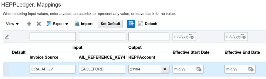 This image shows an example of input and output mappings in a mapping set that's used to define a liability account for joint venture payables invoices.