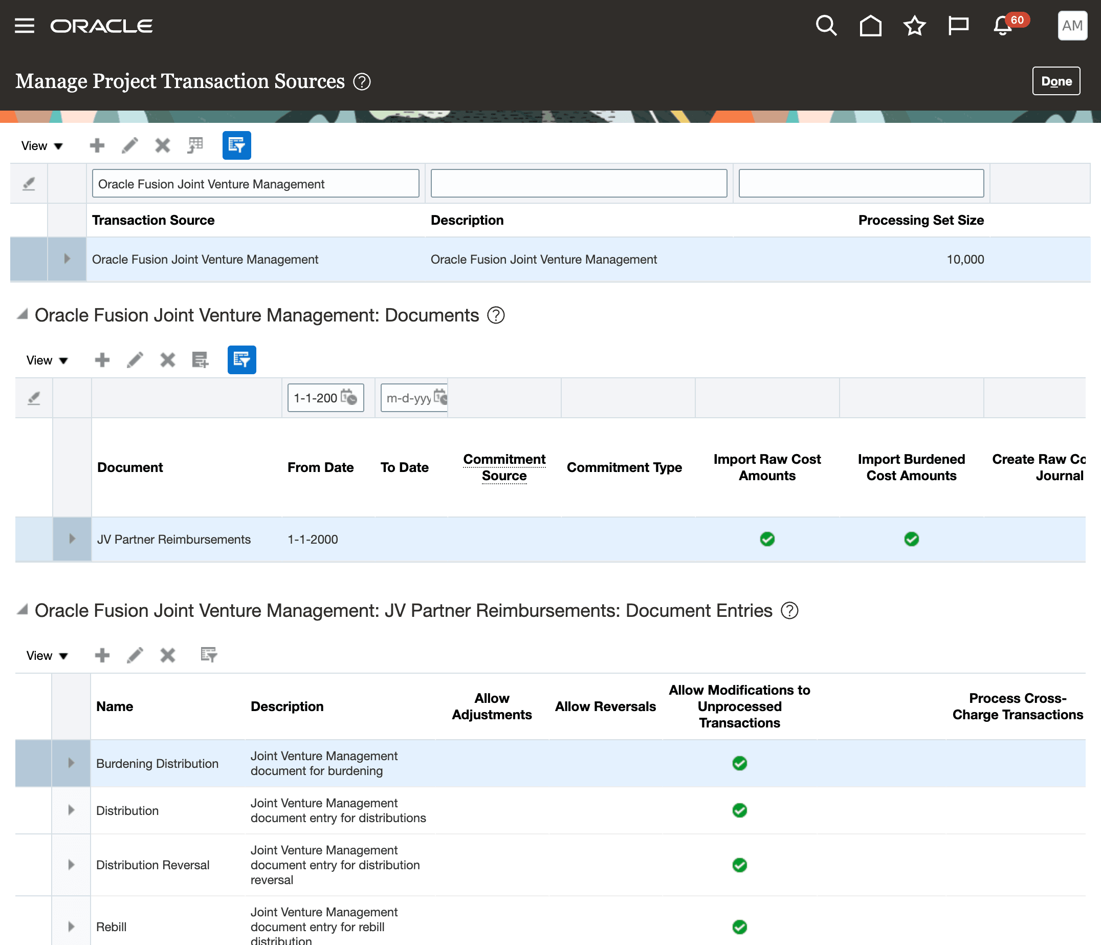 This image shows the completed Manage Project Transaction Sources page, the details of which are described in surrounding text.