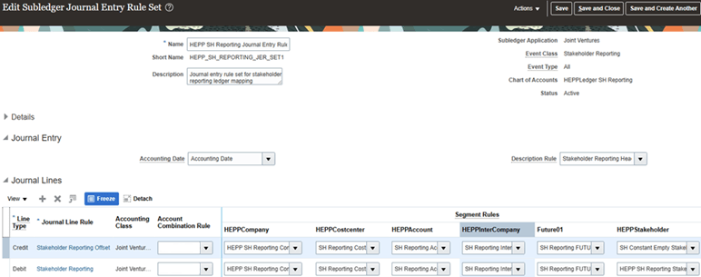 This image shows a journal entry rule set named HEPP SH Reporting Journal Entry Rule in the Edit Subledger Journal Entry Rule Set application, the details of which are described in surrounding text.