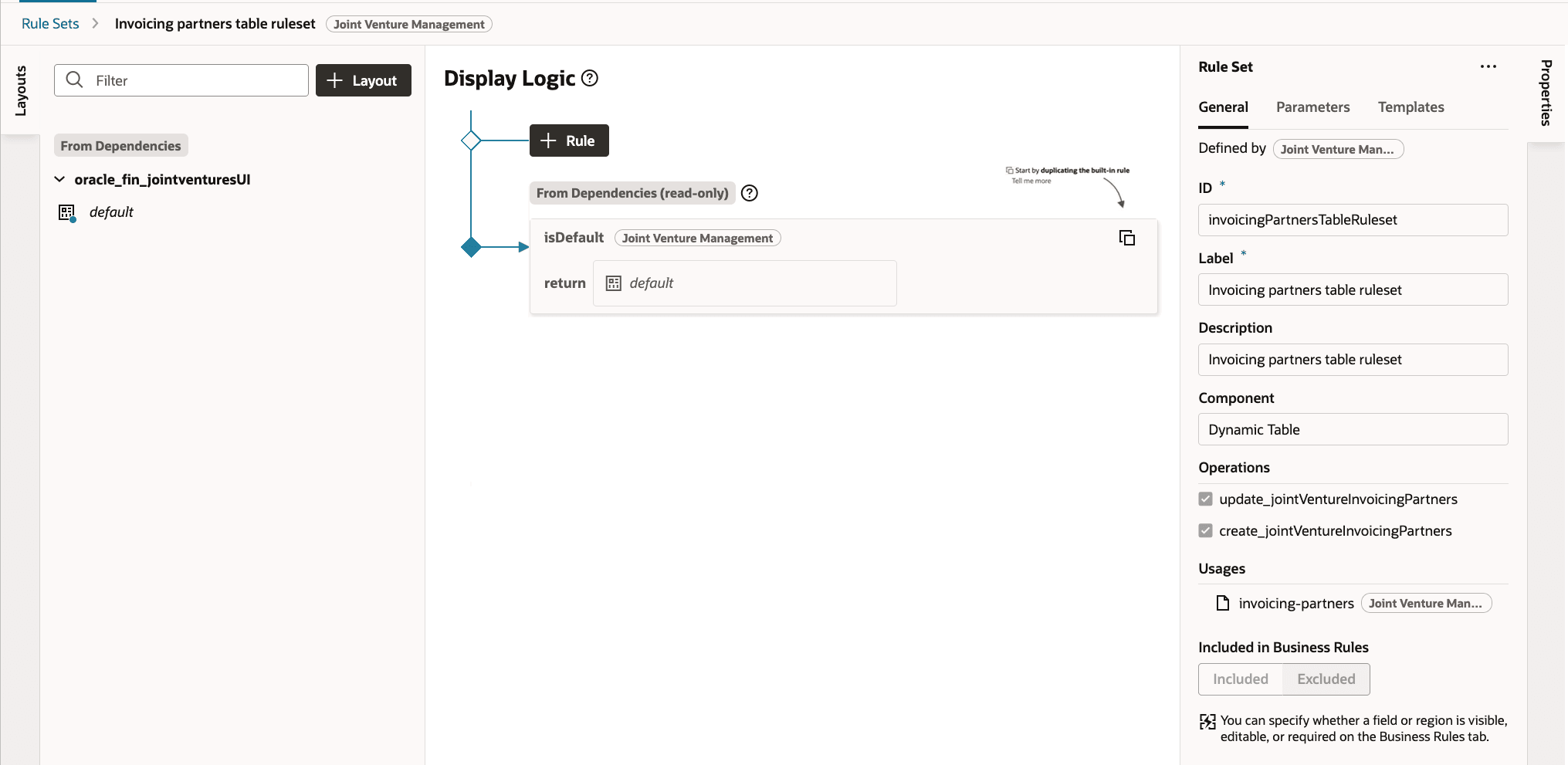 This image shows the VB Studio project with the Invoicing partners table ruleset opened, the details of which are described in the surrounding texts.