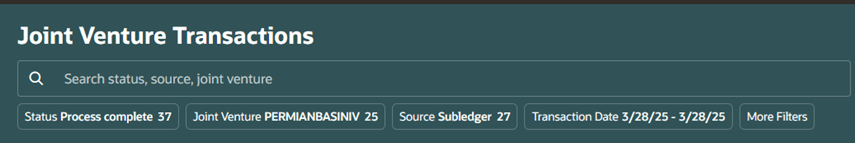 This image shows the search and suggested filters on the Joint Venture Transactions work area, the details of which are described in the surrounding text.