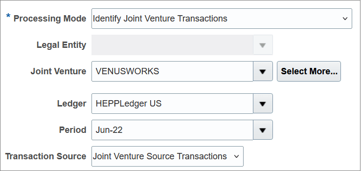 This image shows the Basic Options - Parameters section of the Identify Joint Venture Transactions process, which includes the following fields and their values: Legal Entity = blank; Joint Venture = VENUSWORKS; Ledger = HEPPLedger US; Period = Jun-22; Transaction Source = Joint Venture Source Transactions.