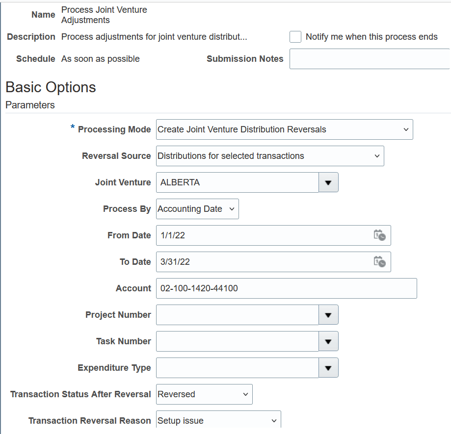 This image shows the Process Joint Venture Adjustments process. The parameters in the image that pertain to the example are described in the surrounding text.