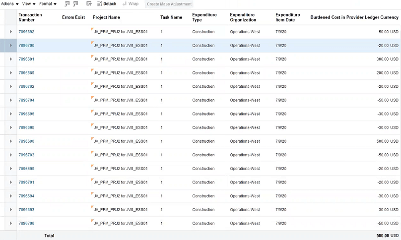 This image shows original cost transactions and cost adjustments in Project Costing and the calculated net amount.