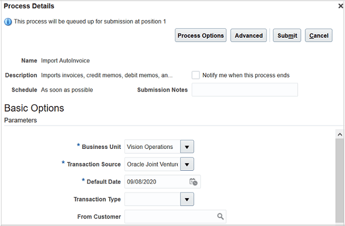 This image shows the options of the Import AutoInvoice process, the details of which are described in the surrounding text.