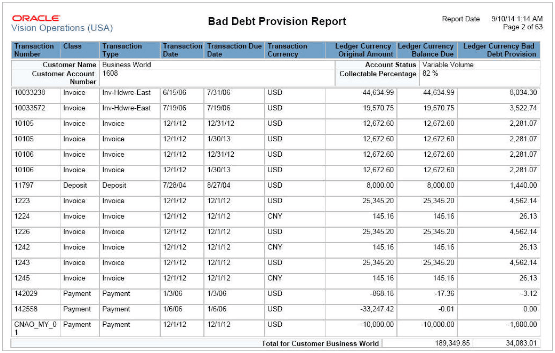 This image shows output from the Bad Debt Provision Report.