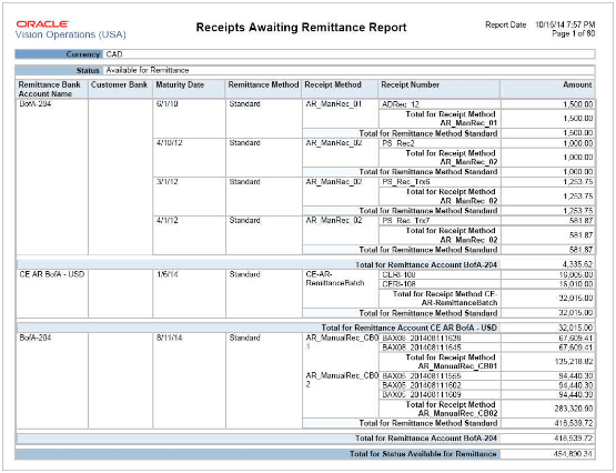 This image shows output from the Receipts Awaiting Remittance Report.
