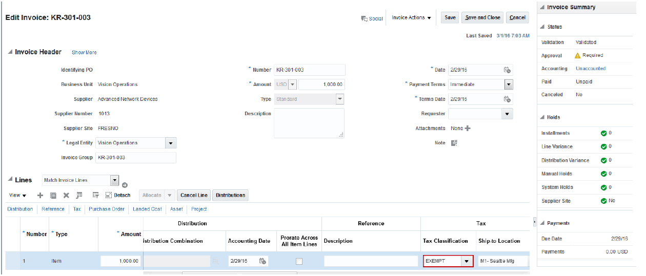 This image displays the Manage AR Transaction UI (E)