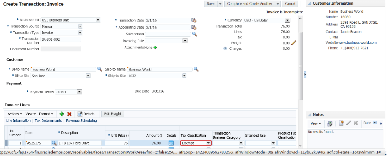 This image displays the Manage AP Invoice UI (Exempt