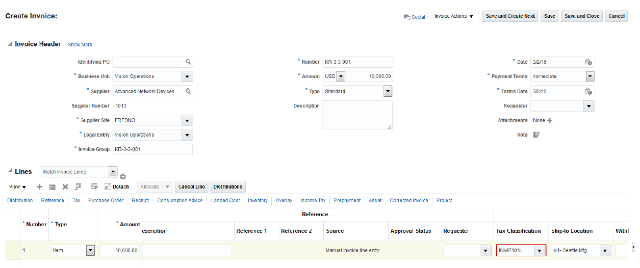 This image displays the Manage AP Invoice UI (VAT: Input)