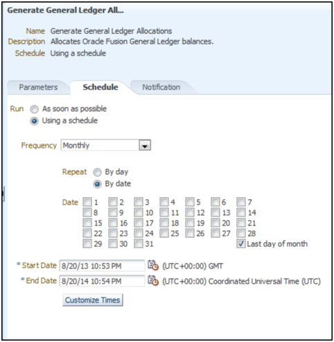 This figure shows the Schedule tab on the Generate General Ledger Allocations page.