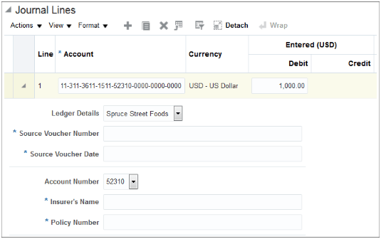 This image shows journal line 1 with fields for capturing additional information. The Ledger Details field displays Spruce Street Foods, which is the ledger for the journal, and the Account Number field displays 52310.