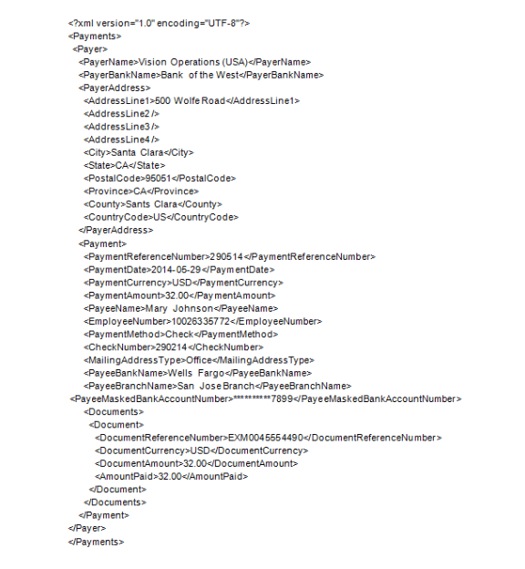 This figure shows the precise XML file format structure that you must use to import expense report data into Universal Content Manager.